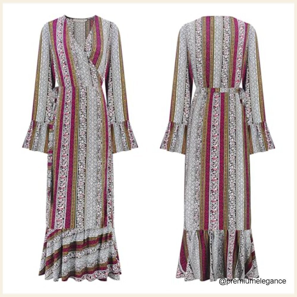 Long Sleeve Maxi Dress Wrap Tie V Neck Floral Boho Summer - Picture 5 of 7